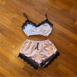 SHEIN Pink Satin Pajama Set with Black Lace